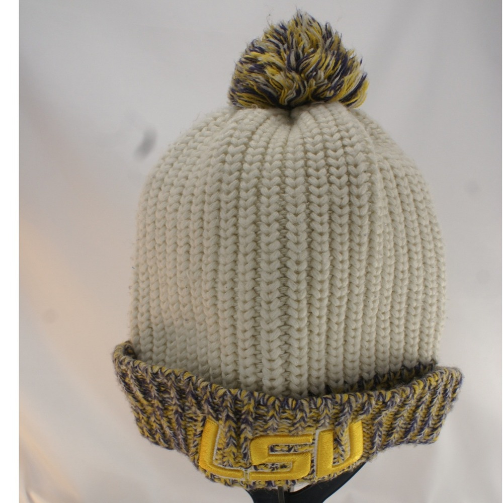 New Era LSU Tigers Womens Pom Beanie Sherpa Lined Embroidered Cream Purple Gold